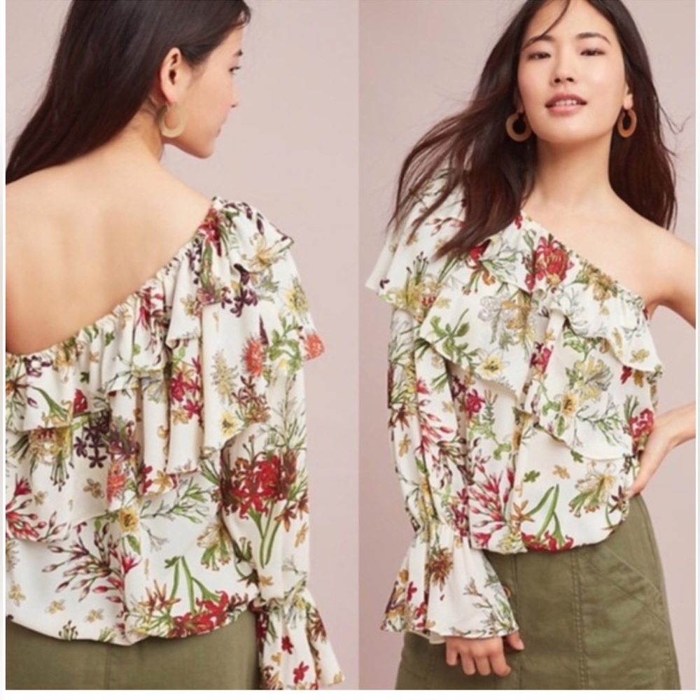 eri + ali Anthropologie one shoulder asymmetric floral blouse